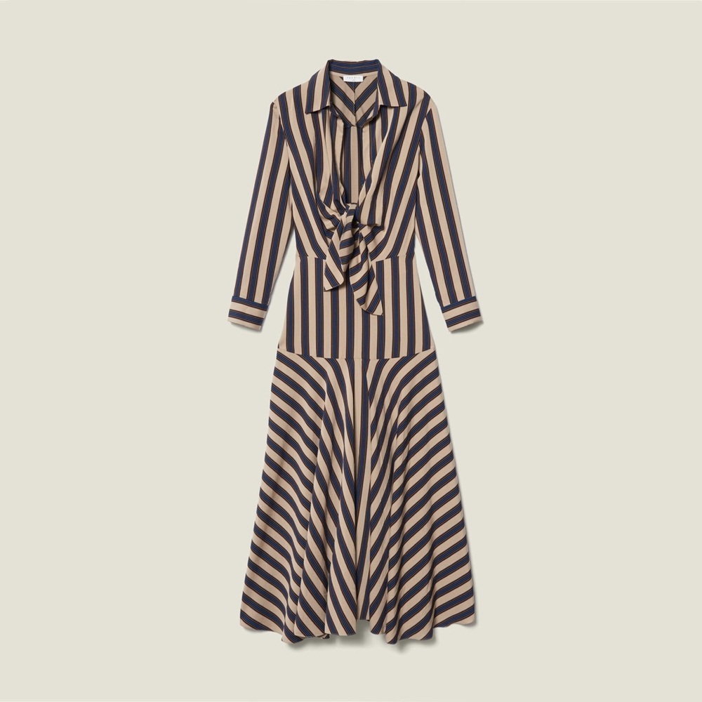 Sandro Paris Vilna Striped Tie-Front Midi Dress Beige/Blue Size 42 (Us 10) Nwt